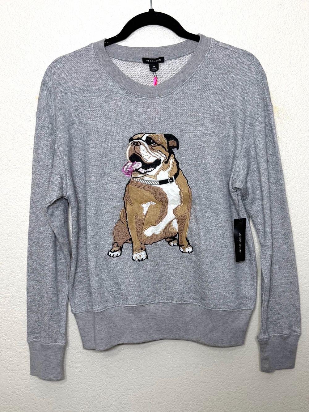 I Heart Ronson Bulldog Sweatshirt Crewneck Gray Embroidered Size M NWT